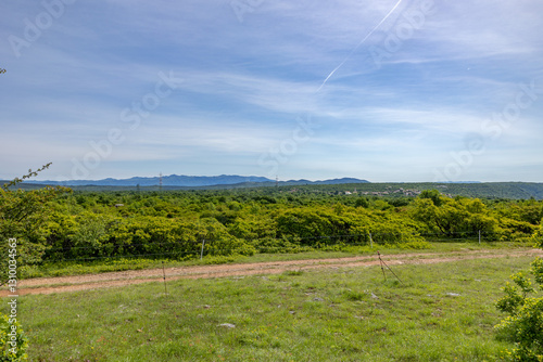 Obraz na płótnie vista panoramica delle alture naturali del Carso Goriziano, sul confine con la Slovenia, nell'Italia nord-orientale, di giorno, in primavera w salonie