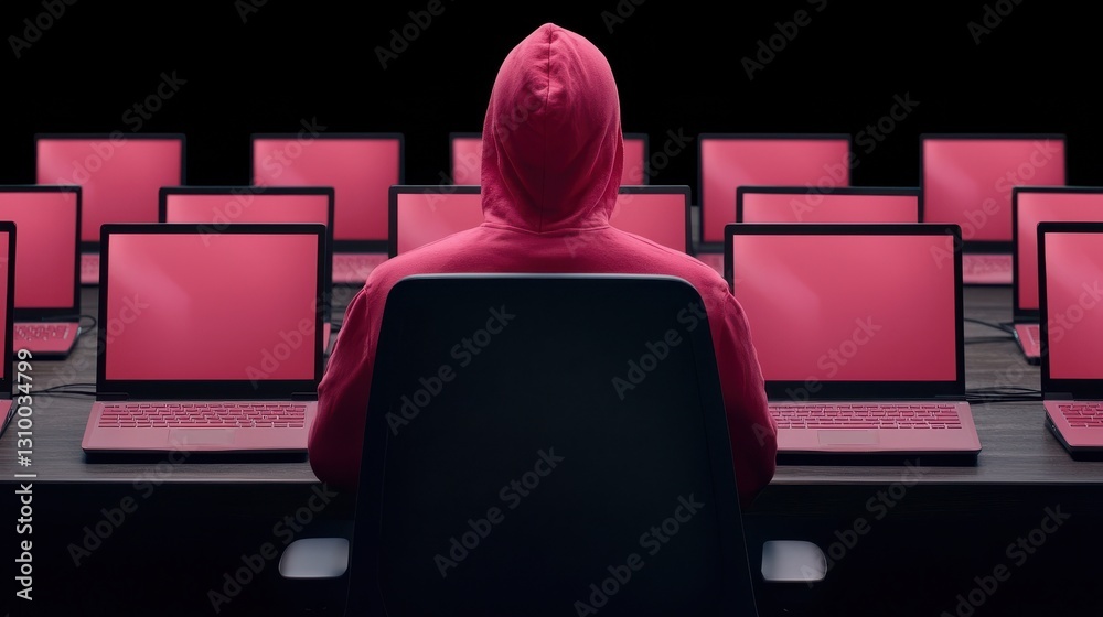 Mysterious Figure in Red Hoodie Before Array of Pink Laptops in Dark Setting Mysterious Figure in Red Hoodie Before Array of Pink Laptops in Dark Setting