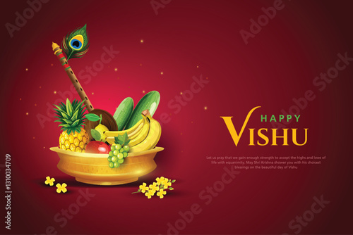 happy vishu greetings. fruits decoration bowl with flute. Red background with copy space. vector illustration design photo