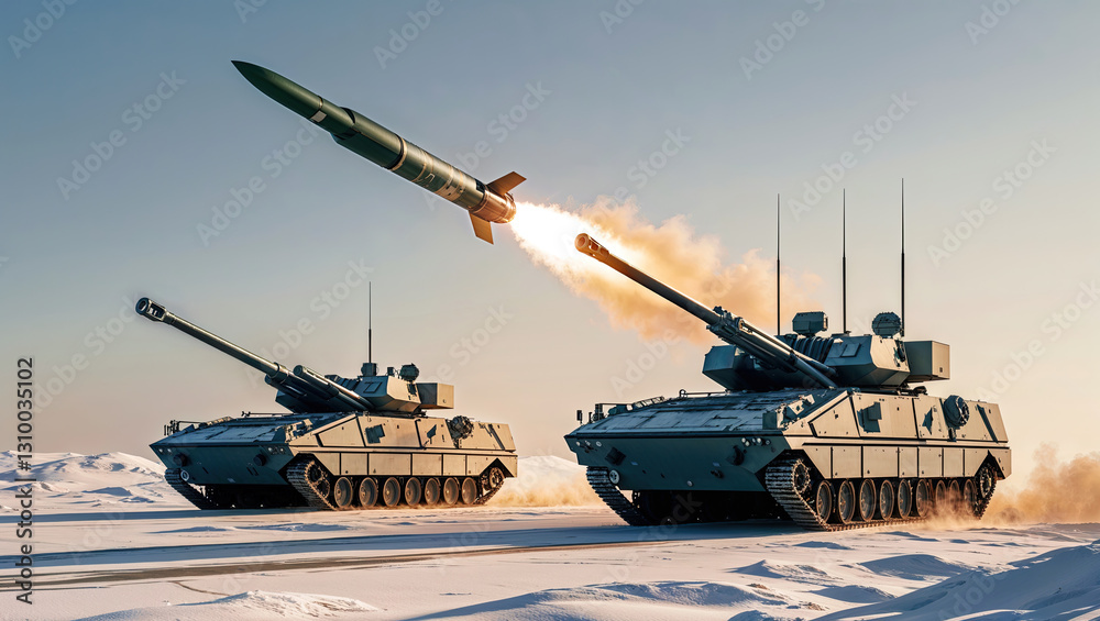 military tanks launching missile and firing a projectile. Showcasing their firepower and mobility in challenging winter conditions. Missile defence system of anti-missile tanks intercepting