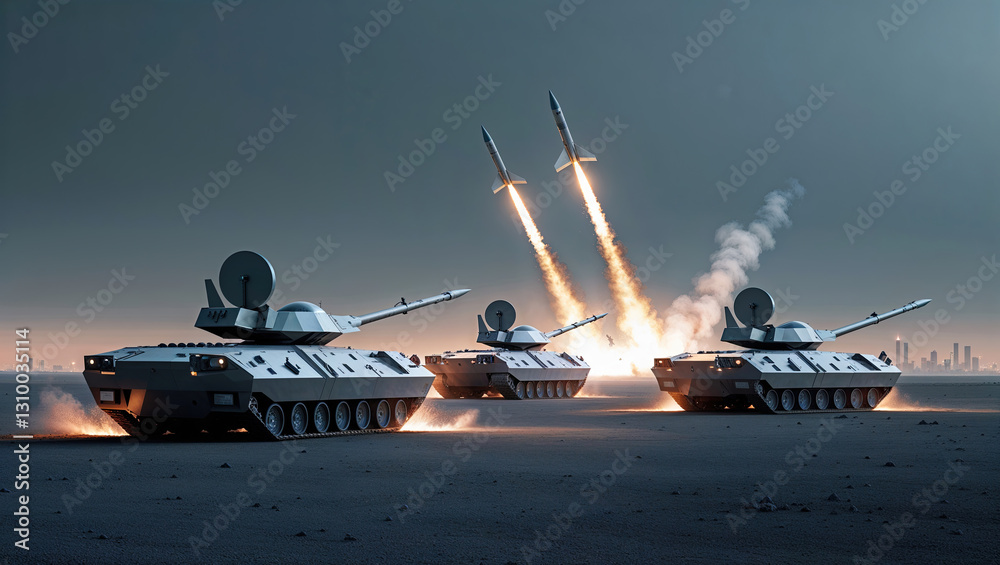 military tanks launching missiles in the desert, creating a powerful display of firepower and military might against with a distant city. Missile defence system of anti-missile tanks intercepting