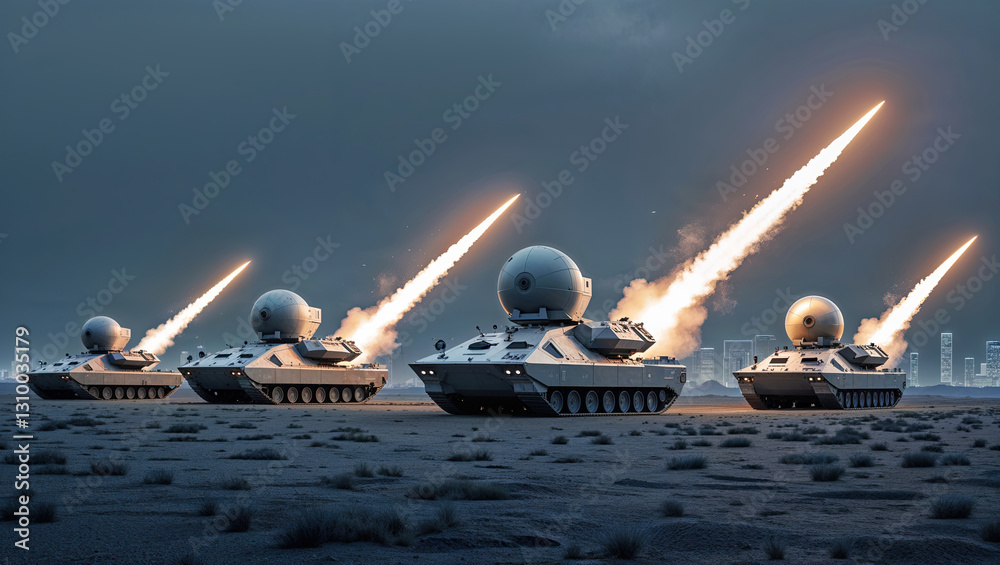 Futuristic military tanks launching ballistic missiles. Scenes of military power, advanced weaponry highlight the intensity of modern warfare. Missile defence system of anti-missile tanks intercepting