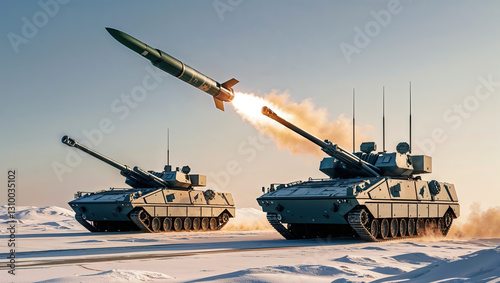 Obraz na płótnie military tanks launching missile and firing a projectile. Showcasing their firepower and mobility in challenging winter conditions. Missile defence system of anti-missile tanks intercepting w salonie