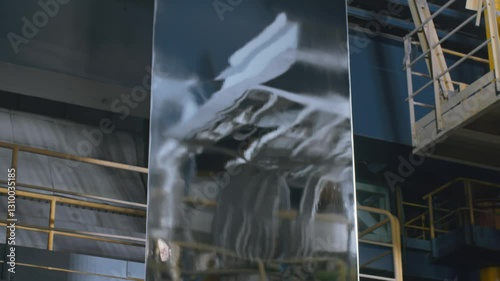 A sheet of galvanized metal moves along a conveyor.
