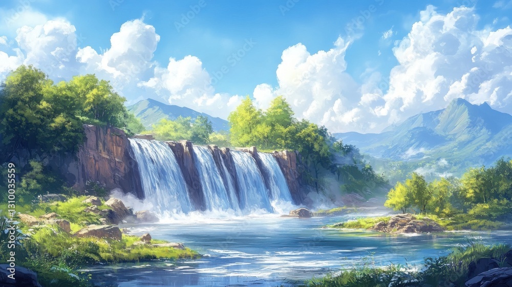 Fototapeta premium Cascading Serenity: A Tranquil Waterfall Oasis Amidst Mountainous Vista