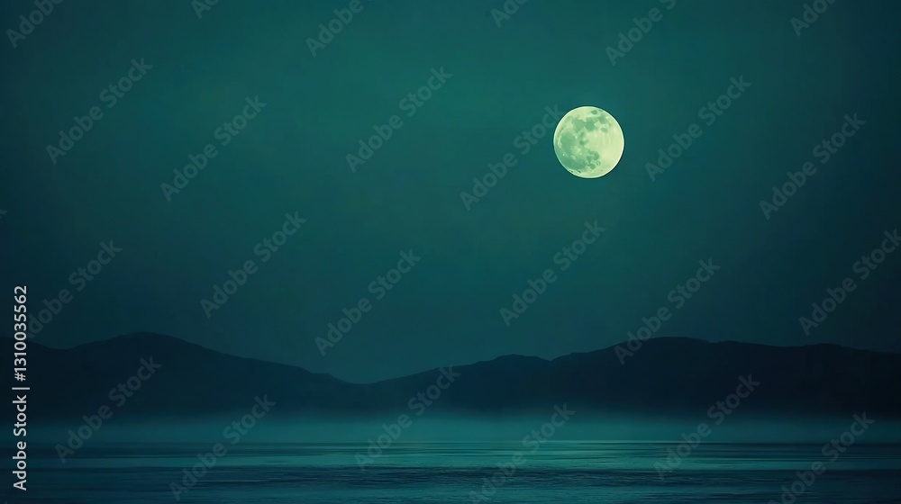 A full moon illuminates a tranquil body of water surrounded by majestic mountains, with a soft layer of fog enveloping the scene A full moon illuminates a tranquil body of water surrounded by majestic mountains, with a soft layer of fog enveloping the scene
