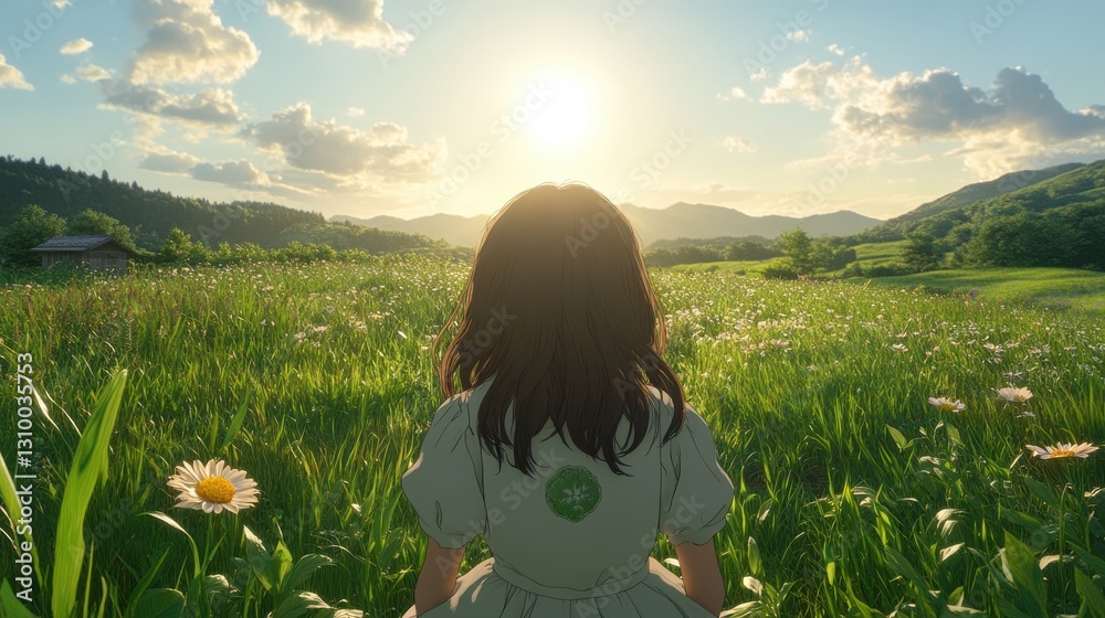 Girl Gazing: Serene Meadow View at Sunset
