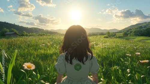 Obraz na płótnie Girl Gazing: Serene Meadow View at Sunset w salonie
