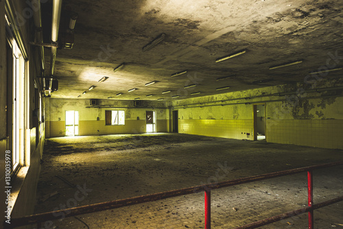 Obraz na płótnie panoramica su un'ampia stanza vuota e sporca, di giorno, all'interno di un edificio abbandonato w salonie