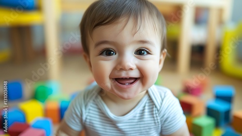 Close-up of a cheerful toddler smiling while surrounded by colorful building blocks in a playful indoor setting during daylight