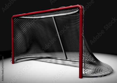 Hockey goal illuminated by directional light source close-up. 3D render illustration