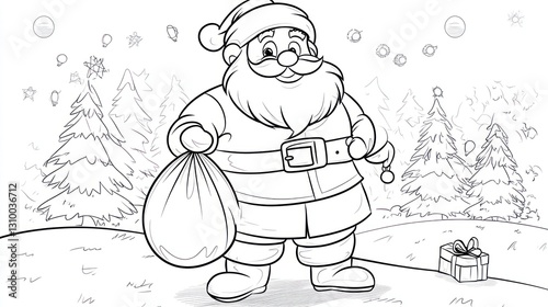 Cartoon Santa Claus with Gift Bag, Winter Scene, Coloring Book photo
