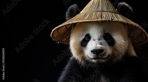 Gentle panda wearing a bamboo hat sits calmly, showcasing its unique charm and serenity in a tranquil setting