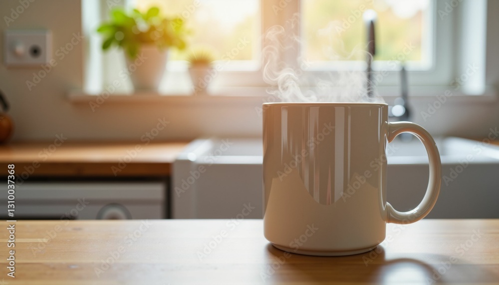 Fototapeta premium Steam rising from a coffee mug on wooden table, morning warmth