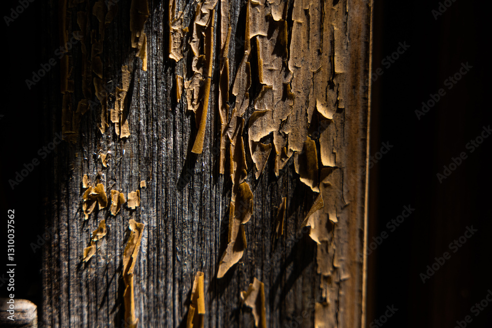 Vista macro della superficie di una vecchia trave di legno con la pittura che si scrosta e viene via