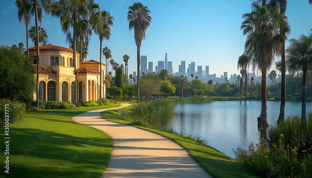 Fototapeta premium Villa path Lake Los Angeles skyline palm trees