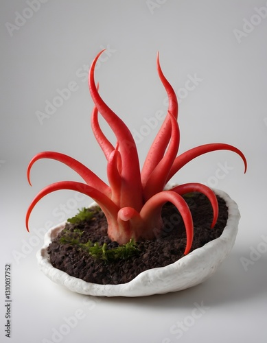 An isolated, white ceramic planter featuring a red, succulent-like plant with vibrant red tentacles and roots.