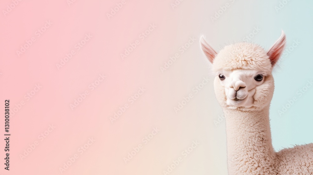 Obraz premium White Alpaca Portrait Against Pastel Pink and Blue Gradient
