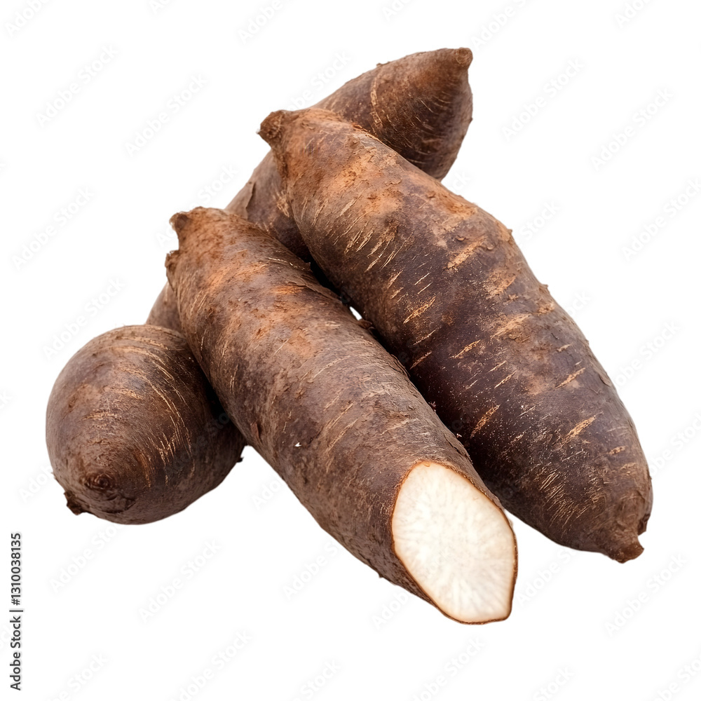 Fresh Cassava with Rough Brown Skin, Isolated on a Transparent Background, Showcasing Its Sturdy Texture and Natural Appearance Fresh Cassava with Rough Brown Skin, Isolated on a Transparent Background, Showcasing Its Sturdy Texture and Natural Appearance