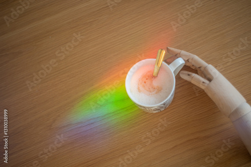 Wooden mannequin's hand touching cup of cappuccino in the magic light.	