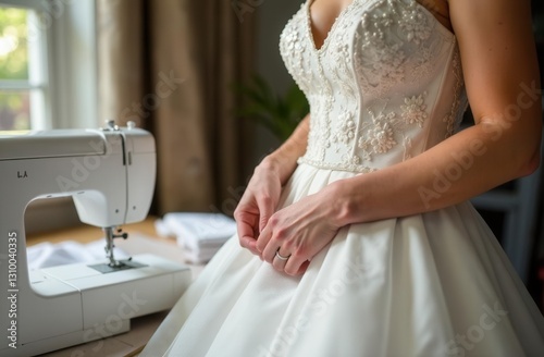 Elegant wedding dress fitting with sewing machine for bridal preparation and tailoring