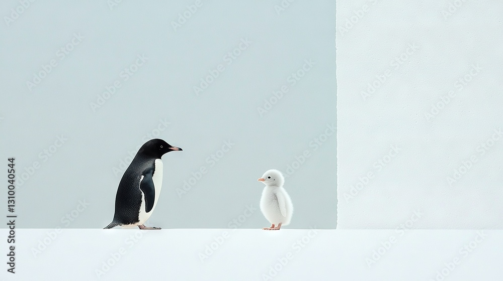 Fototapeta premium A pair of penguins perched atop a snowy terrain beside a white wall