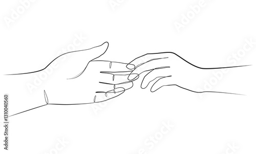 Couple touching hands one line drawing on white isolated background