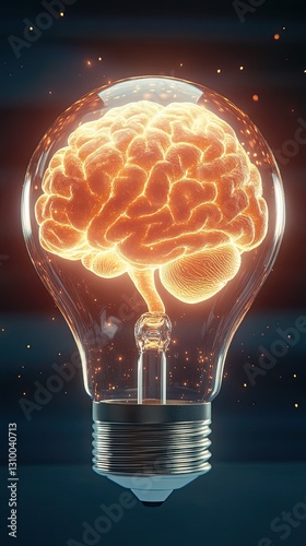 neuroscience of happiness, futuristic neuroscience visualization, A glowing light bulb with a brain design symbolizes innovative ideas and intelligence in a creative context.
