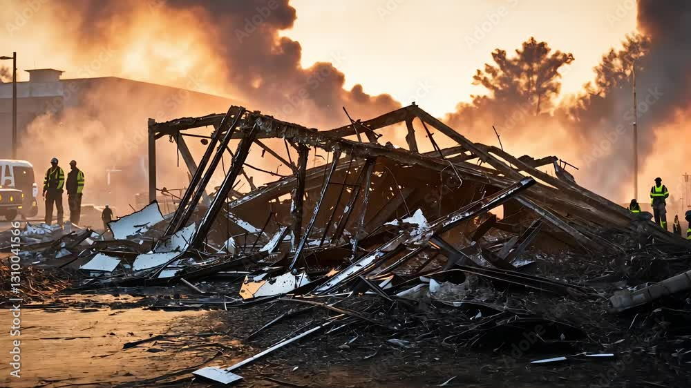 Firefighters responding to a large building fire with collapsed structure and thick smoke
