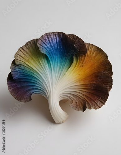 A detailed description of a vividly colored shell-like object isolated against a white background.
