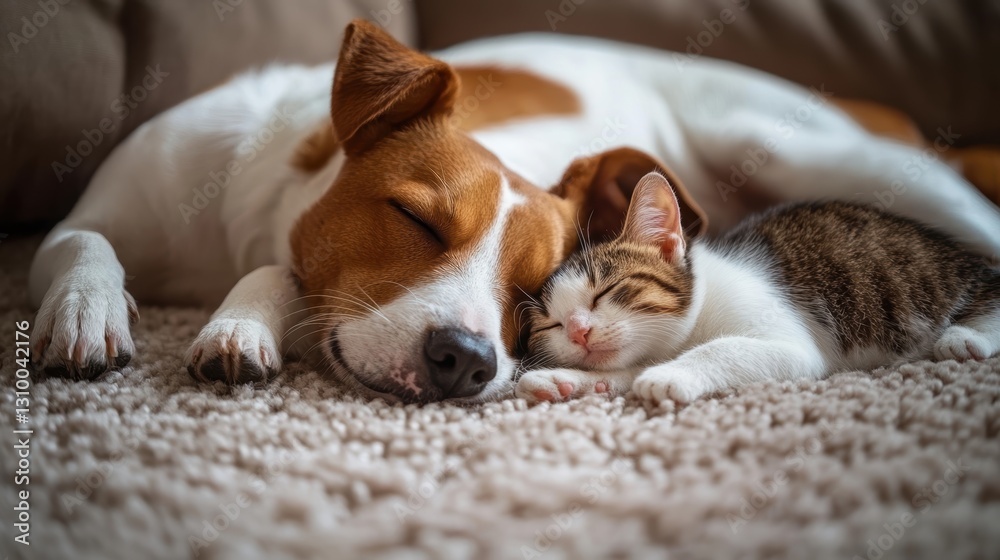 Obraz premium A heartwarming scene of a Jack Russell Terrier and a tabby kitten peacefully sleeping together, cuddling on a soft, fluffy rug