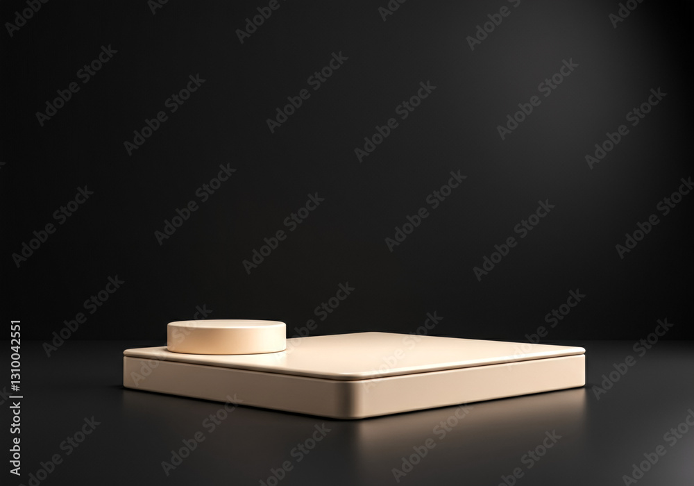 Minimalist beige podium with geometric shapes on a dark background Minimalist beige podium with geometric shapes on a dark background