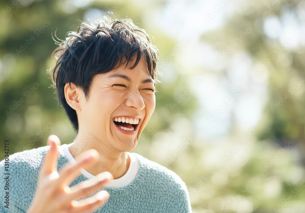 Joyful woman laughing outdoors, capturing a moment of happiness and connection Joyful woman laughing outdoors, capturing a moment of happiness and connection