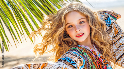 Young caucasian girl with curly hair enjoying beach day under palm leaves