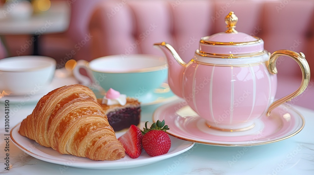 Afternoon tea table adorned with fresh flowers, classic teacups, and golden brown pastries. Afternoon tea table adorned with fresh flowers, classic teacups, and golden brown pastries.