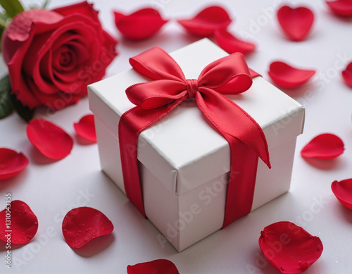 Elegant White Gift Box with Red Ribbon and Rose Petals on White Background with Copy Space