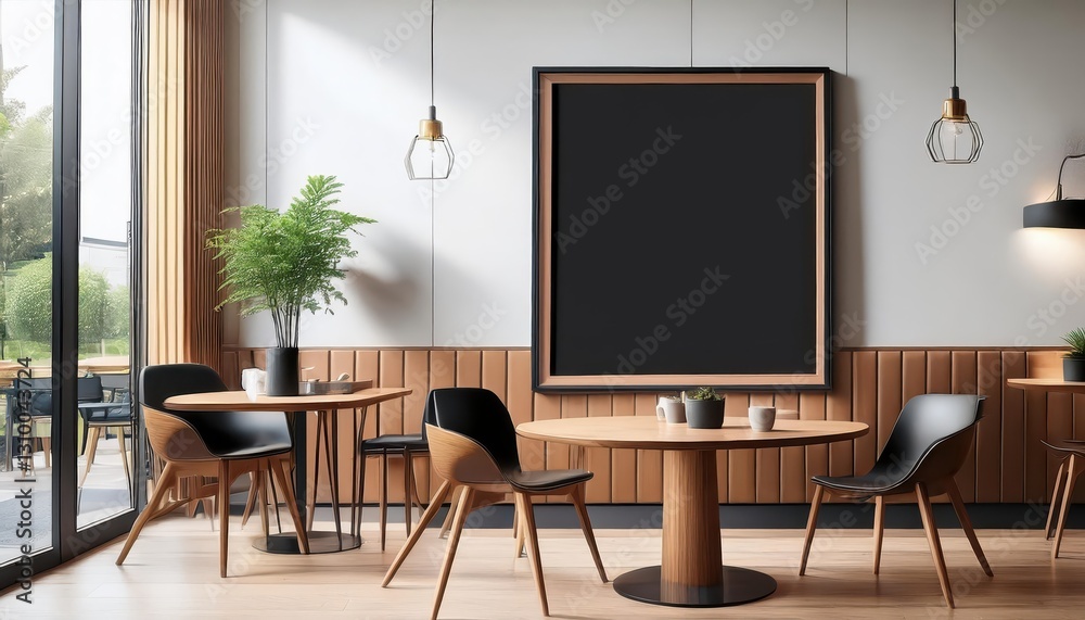 Stylish Black Frame Mockup Showcasing a Cozy Coffeehouse Ambiance, Bathed in Subtle Warmth of Dusk and Textured Wood Grain Accents. Stylish Black Frame Mockup Showcasing a Cozy Coffeehouse Ambiance, Bathed in Subtle Warmth of Dusk and Textured Wood Grain Accents.