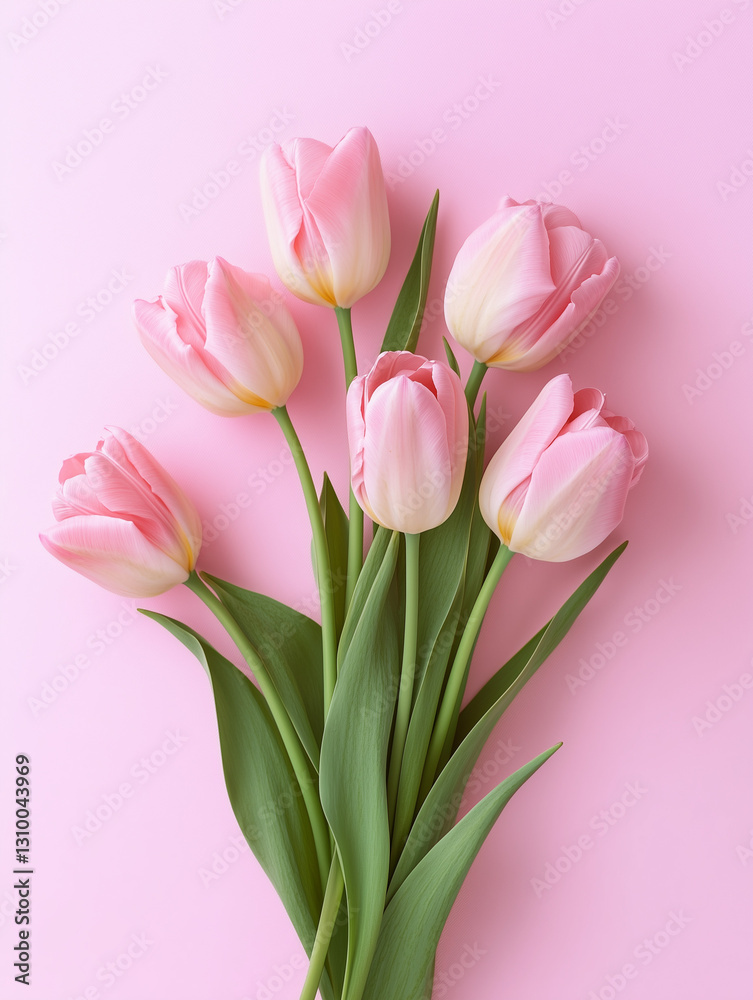 Flat lay of fresh pink tulips on a soft pastel pink Flat lay of fresh pink tulips on a soft pastel pink