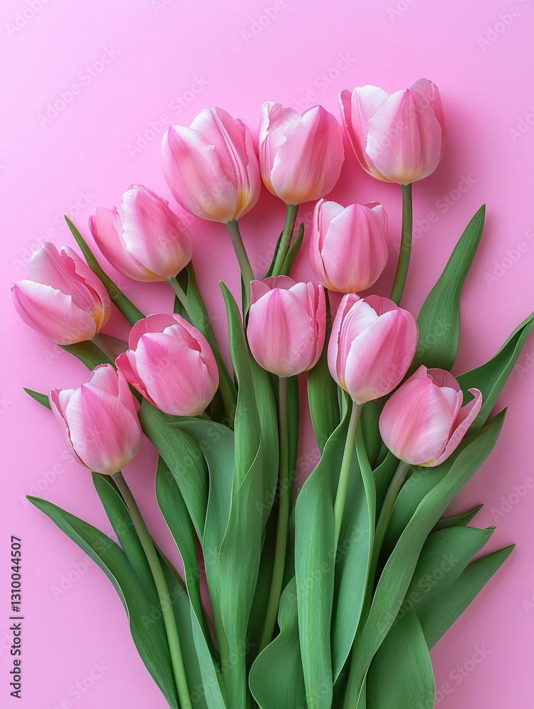 Obraz premium Flat lay of fresh pink tulips on a soft pastel pink