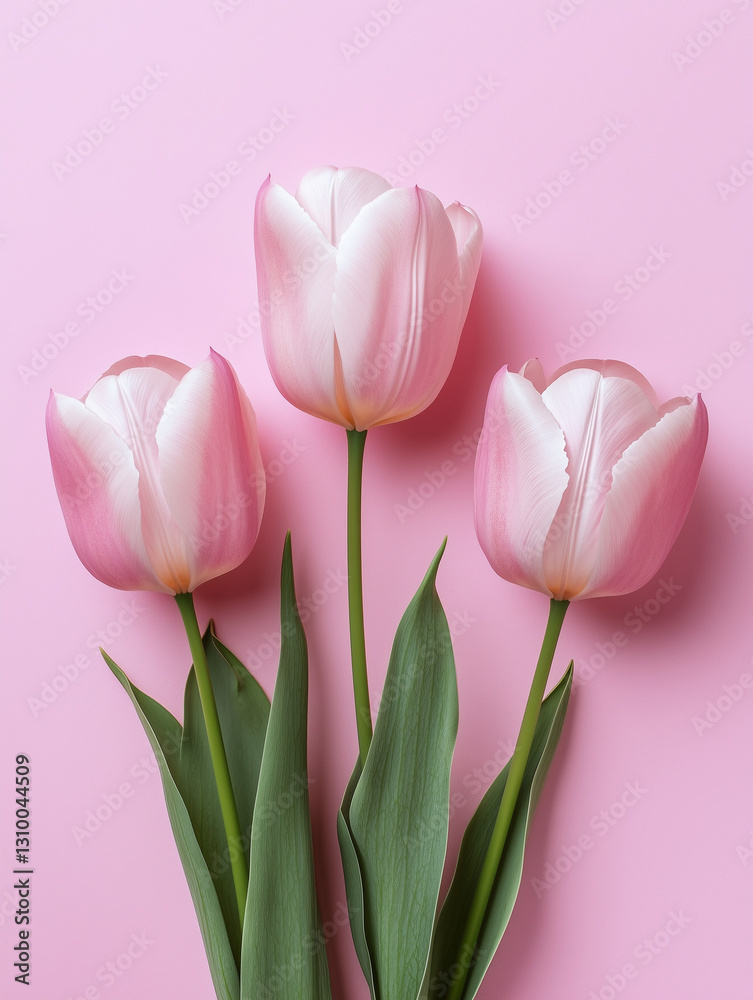 Fototapeta premium Flat lay of fresh pink tulips on a soft pastel pink