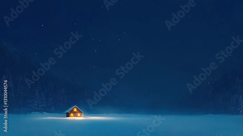   A tiny home nestled amidst a white winter landscape under a luminescent moonlit sky