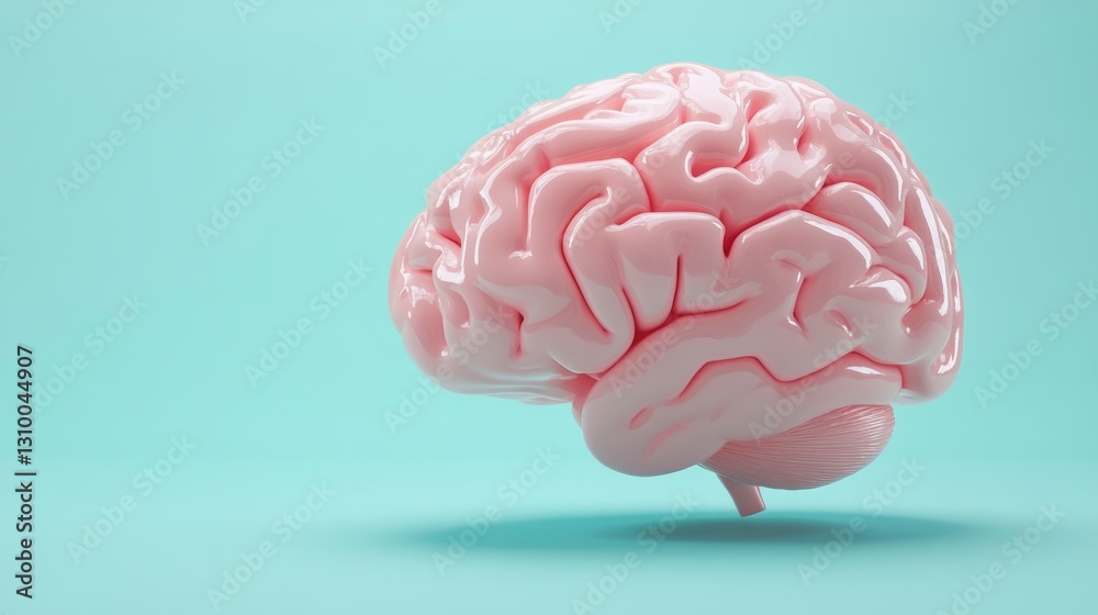 Pink brain on pastel teal background, education concept, digital illustration, medical presentation use