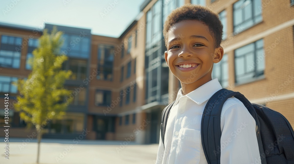 Smiling Schoolboy: A Portrait of Confidence and Bright Beginnings on Campus, Ready for Education Smiling Schoolboy: A Portrait of Confidence and Bright Beginnings on Campus, Ready for Education