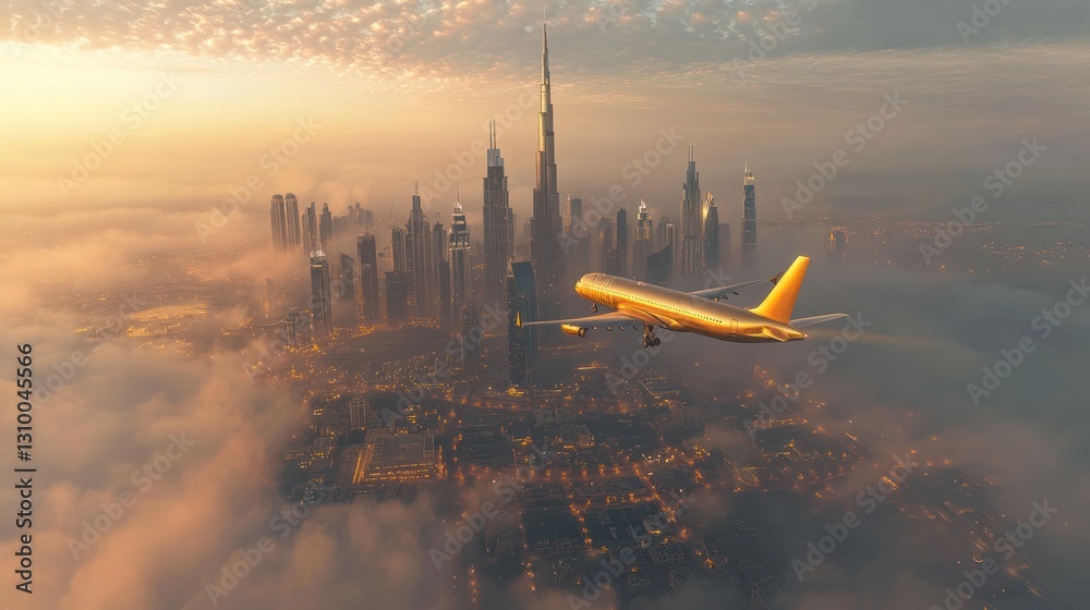 custom made wallpaper toronto digitalGolden plane landing Dubai sunrise, skyscrapers, clouds