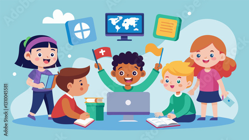 Through interactive and educational games kids can learn new languages while having fun and competing with their peers in a virtual setting.. Vector illustration