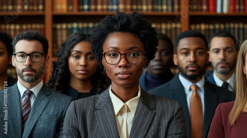 Diverse Group of Professionals in front of Bookcase, Confident Lawyers, Focused Team, Serious Expression, Corporate Portrait