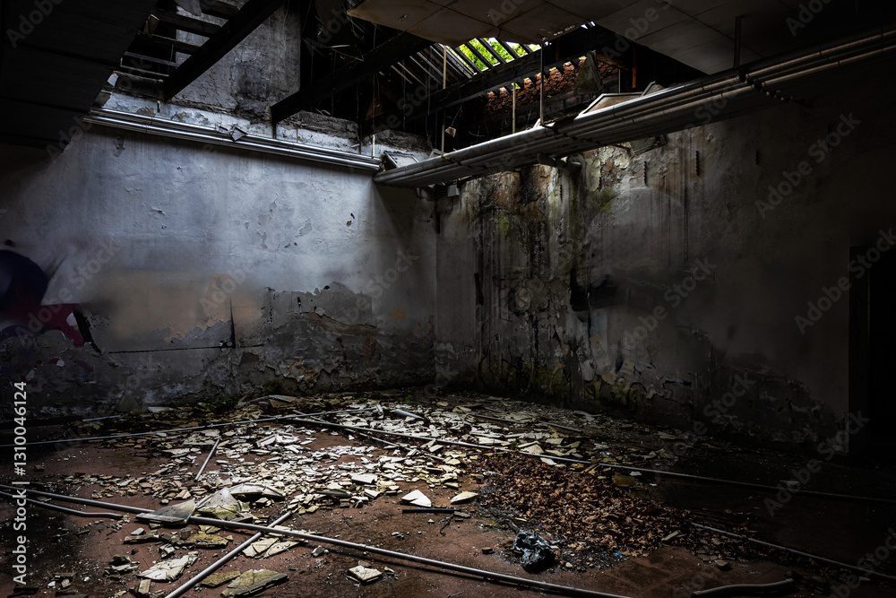 panoramica su parte di una stanza vecchia e vuota e con le pareti sporche, ammuffite ed in stato di decomposizione, all'interno di un edificio abbandonato