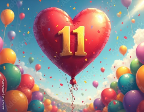 Festive illustration featuring heart shaped balloon with golden number 11 for eleventh birthday anniversary celebration. Colorful balloons, confetti float in blue sky background. Invite card design.