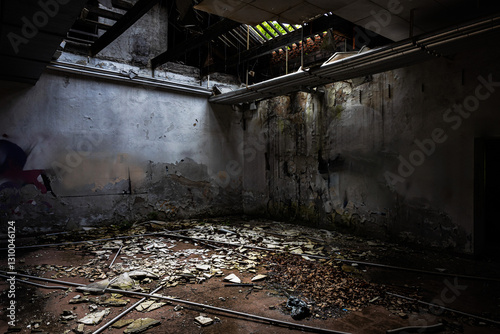 Obraz na płótnie panoramica su parte di una stanza vecchia e vuota e con le pareti sporche, ammuffite ed in stato di decomposizione, all'interno di un edificio abbandonato w salonie