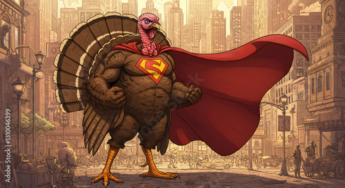 Muscular Superhero Turkey in Futuristic City